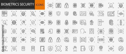 Biometrics security and digital identity icons set, thin line facial recognition fingerprint scanning and cyber protection vector illustration