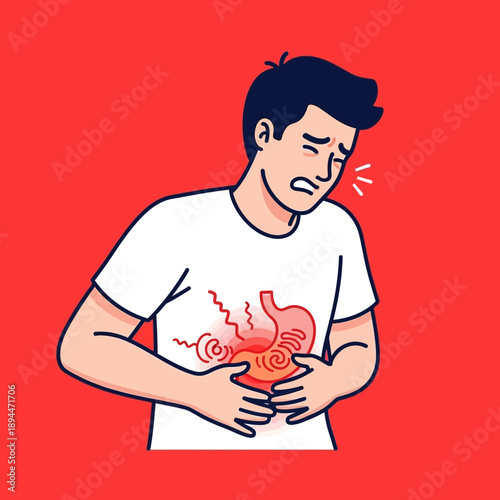Man suffering from stomach ache, digestive problems, pain, illustration
