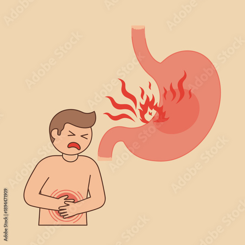 Man with Stomach Burning Pain and Inflamed Stomach Illustration