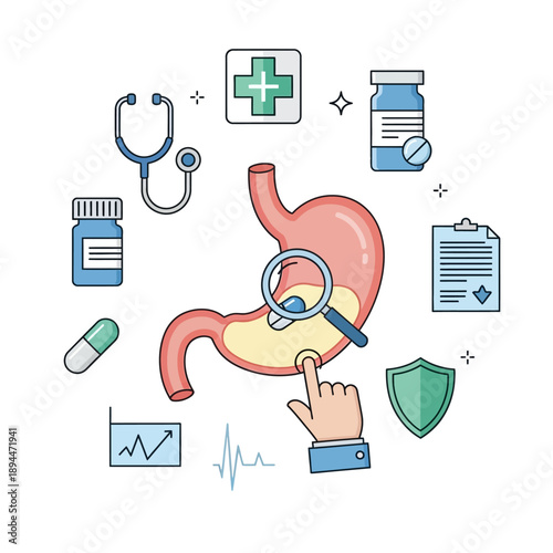 Stomach health concept: examination, diagnosis, treatment, and protection