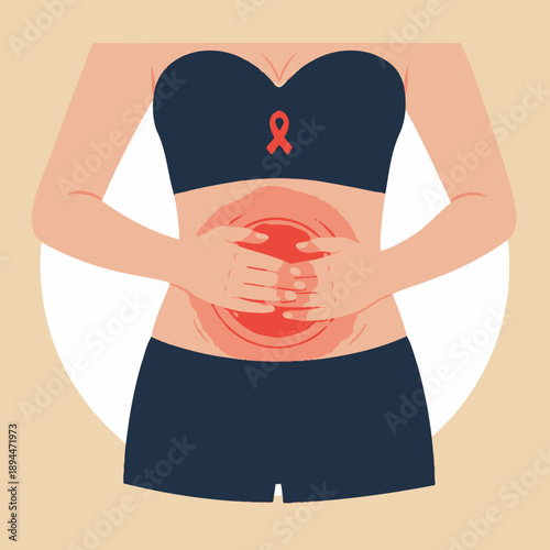 Woman with abdominal pain, stomachache, and awareness ribbon