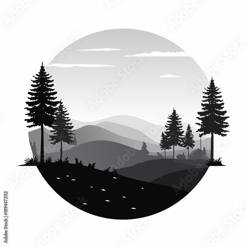 Serene grayscale landscape illustration featuring mountains and pine trees scenic beauty