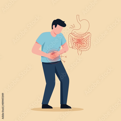 Man suffering from stomach ache, illustration of digestive system pain