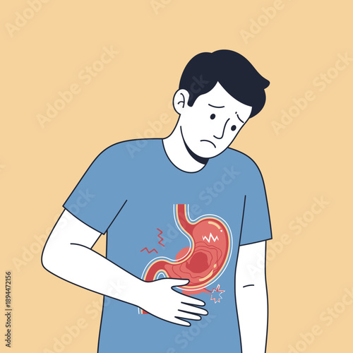 Man with Stomach Ache, Gastric Pain, Digestive Issues Illustration