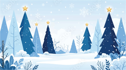 a snowy forest with blue trees and gold stars on a winter day