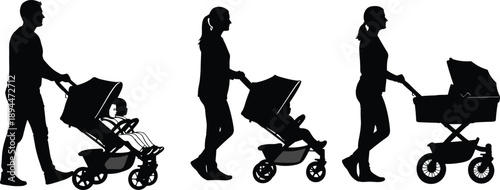 Parents walking with baby stroller silhouettes showing family lifestyle and childcare stages, mother and father pushing pram and carriage, parenting concept, black vector isolated on white background