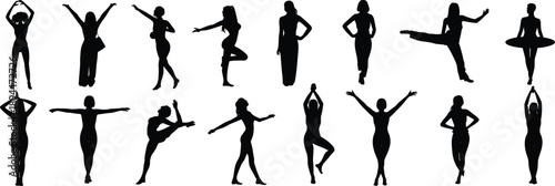 Collection of Sixteen Women Fitness and Yoga Silhouettes in Various Poses for Sports Branding Wellness Marketing and Healthy Lifestyle Design