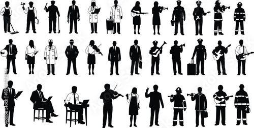 Professional people silhouettes collection showing diverse jobs and occupations, business medical police firefighters musicians and workers, career diversity concept, black vector illustration 