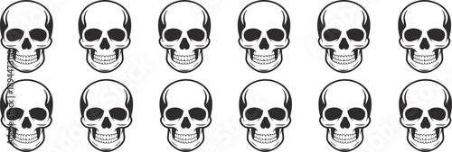 Collection of Twelve Human Skull and Crossbones Illustrations in Black and White Outline Style for Pirate Themes Gothic Art and Halloween