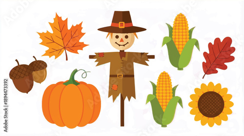 Autumn harvest elements with scarecrow and vegetables on white background