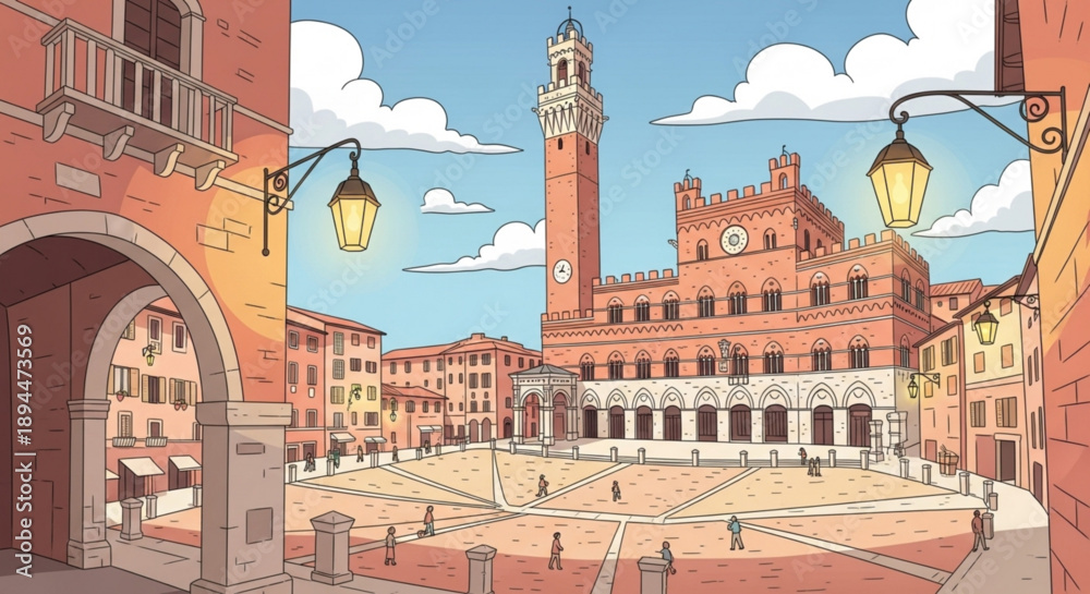 Obraz premium Vibrant italian town square with historic architecture and tower under blue sky