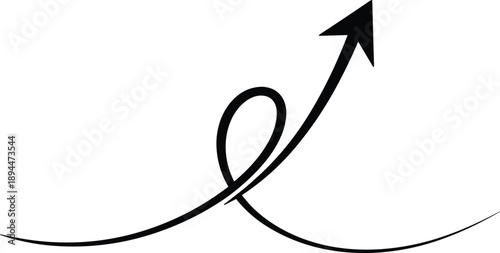 Black silhouette of curved arrow with looped tail pointing upward right, symbolizing movement, direction, flow, and dynamic guidance in minimal graphic design.