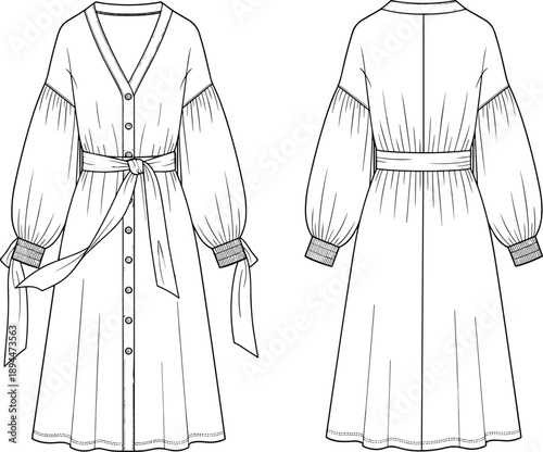 Technical fashion illustration of a midi shirt dress with voluminous lantern sleeves, V-neckline, button-down front, belted waist, and cuff tie details in vector flat sketch.