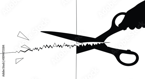 Black silhouette of scissors cutting jagged line, symbolizing interruption, control, division, and clarity over chaos in minimal graphic design illustration.