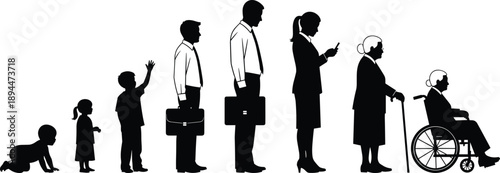 Black silhouette collection showing the human life cycle evolution from a crawling baby and playing child to working adults and elderly people in wheelchairs