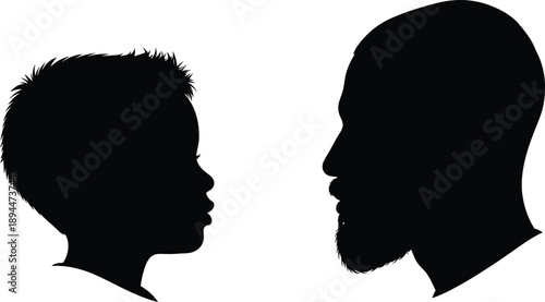 Black silhouette side profile of a young boy looking at his bald bearded father isolated on white background for family relationship and parenting concepts