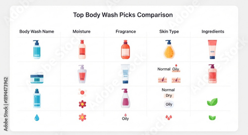 Body wash comparison chart with product icons and details