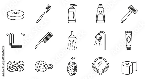 Set ikon kamar mandi dengan gaya garis tipis.