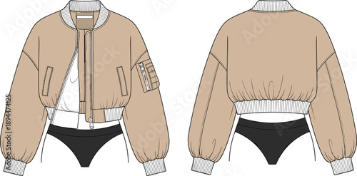 Flat technical fashion sketch of women cropped tan bomber jacket with ribbed collar and cuffs plus utility sleeve pocket front and back views