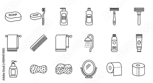Ikon Aksesori Mandi. Set ikon garis luar aksesori mandi: kepala pancuran, penyemprot genggam, tempat sabun, dinding.