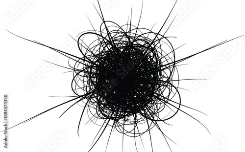 Abstract ink burst silhouette with tangled core and radiating lines for chaos, motion, and expressive design themes