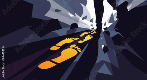 Yellow footprints lead through a dark abstract tunnel with light at the end symbolizing hope and guidance