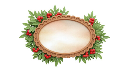 Oval Frame with Red Berries and Green Leaves