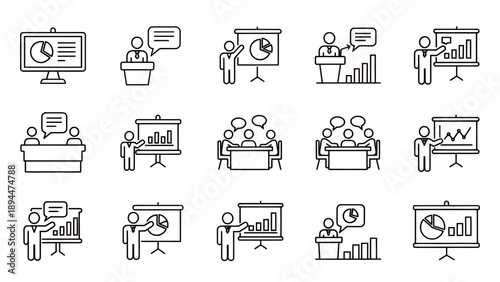 Collection of line icons representing business presentations, public speaking, data analysis, and corporate meetings with charts and graphs.