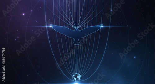 Futuristic glowing blue bird in flight around earth with lines and stars in space