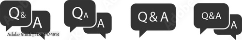 Black speech bubble icons with Q&A text in overlapping and single formats representing question and answer themes for forums, support, and education