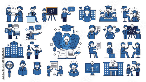 A comprehensive collection of blue and white line art icons depicting various aspects of education, learning, students, teachers, and academic life.