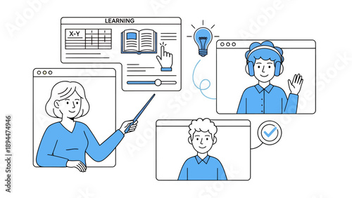 Illustration of a female teacher conducting an online lesson with two students participating remotely through video calls, showcasing digital learning and virtual education.
