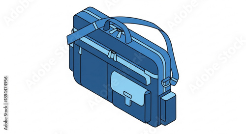 Blue leather briefcase with handle and shoulder strap isolated on white background