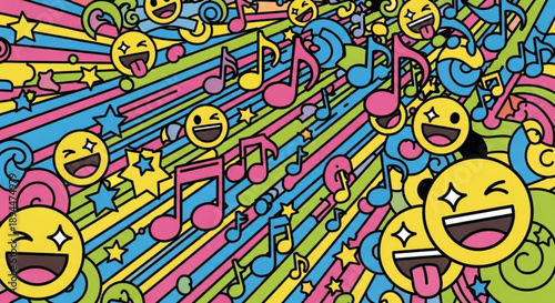 Vibrant colorful emojis laughing smiling faces music notes background