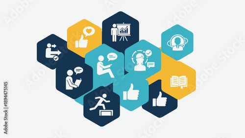 A vibrant hexagonal infographic illustrating concepts of business communication, learning, feedback, personal growth, and interactive processes.