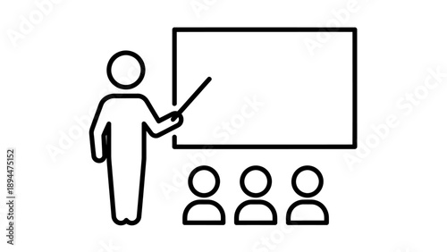 Simple line art icon depicting a teacher or presenter instructing students in a classroom setting with a whiteboard.
