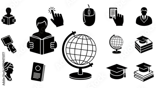 Collection of black and white icons representing education, learning, technology, and global knowledge, including students, books, globes, and digital interaction symbols.