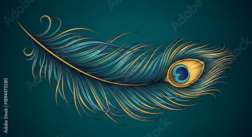 Vibrant peacock feather with gold accents on dark teal background symbolizing beauty and elegance in nature