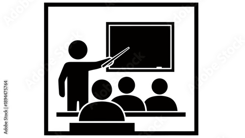 Classroom scene with teacher presenting at a chalkboard to an attentive group of students in a learning environment.