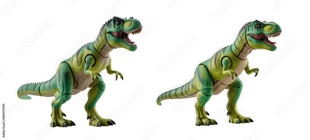 Fototapeta premium Two green toy dinosaurs standing on white background resembling t rex vibrant colors playful mood plastic toys