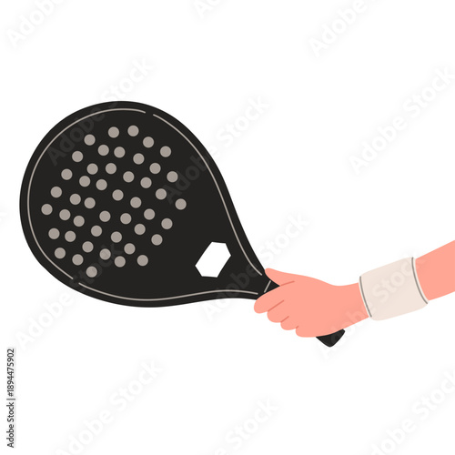 vector of a hand holding a black padel racket with perforated surface. Suitable for padel tennis concepts, sports equipment design, fitness content, training materials, mobile apps, websites, posters