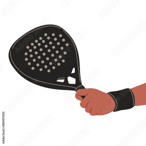 vector of a hand holding a black padel racket with perforated surface. Suitable for padel tennis concepts, sports equipment design, fitness content, training materials, mobile apps, websites, posters