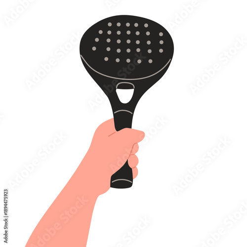 vector of a hand holding a black padel racket with perforated surface. Suitable for padel tennis concepts, sports equipment design, fitness content, training materials, mobile apps, websites, posters