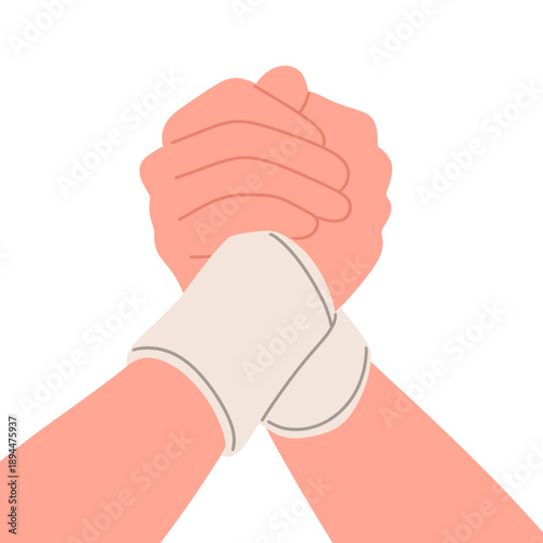 vector of two hands gripping each other wearing wristbands, symbolizing teamwork, support, unity, and sportsmanship. Ideal for sports concepts, fitness motivation, partnership, collaboration, trus