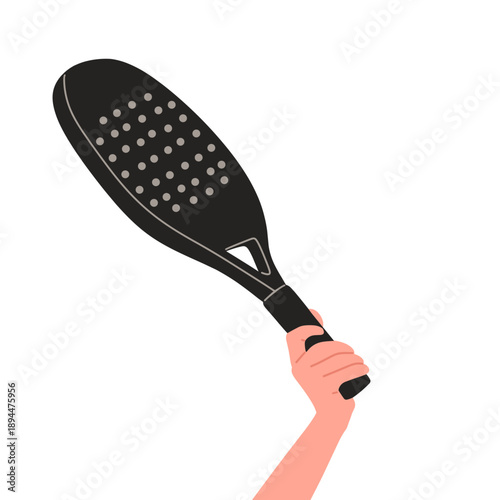 vector of a hand holding a black padel racket with perforated surface. Suitable for padel tennis concepts, sports equipment design, fitness content, training materials, mobile apps, websites, posters