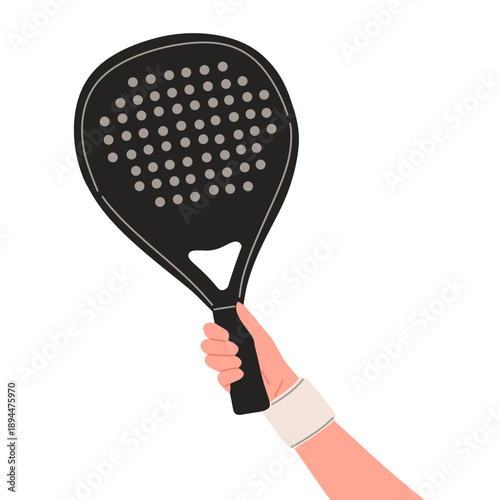vector of a hand holding a black padel racket with perforated surface. Suitable for padel tennis concepts, sports equipment design, fitness content, training materials, mobile apps, websites, posters