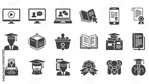 A collection of black and white icons representing online education, e-learning, graduation, knowledge, and academic achievement.
