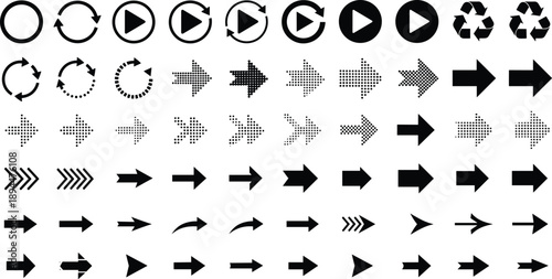 Large black vector arrow icon set featuring halftone dots, directional pointers, reload symbols, play buttons, and recycling signs for interface navigation, web design, and infographics.