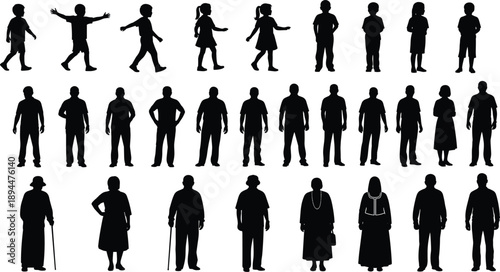 Black silhouette collection of people of all ages including children adults and seniors standing in rows isolated on white background for demographic diversity projects