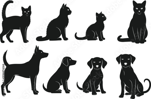 Black silhouette collection of domestic cats and dogs in various sitting and standing poses isolated on white background for veterinary and pet care designs